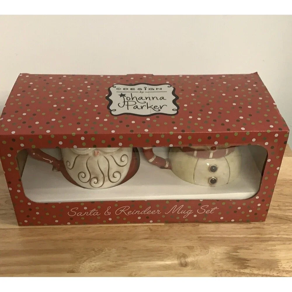 Johanna Parker Christmas Holiday Red Santa & Reindeer Christmas Large Mug Set